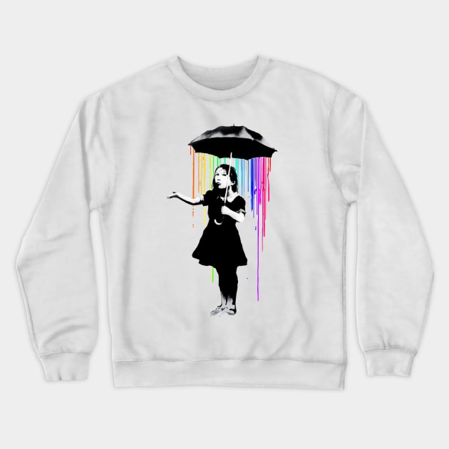 Banksy Rainbow Rain Umbrella Girl Crewneck Sweatshirt by inkstyl